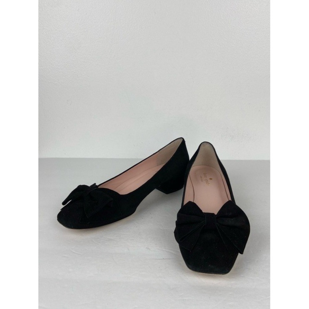 Kate Spade New York Bow Squared Heel Pumps Shoes Sz 7 Black Suede Leather Preppy
